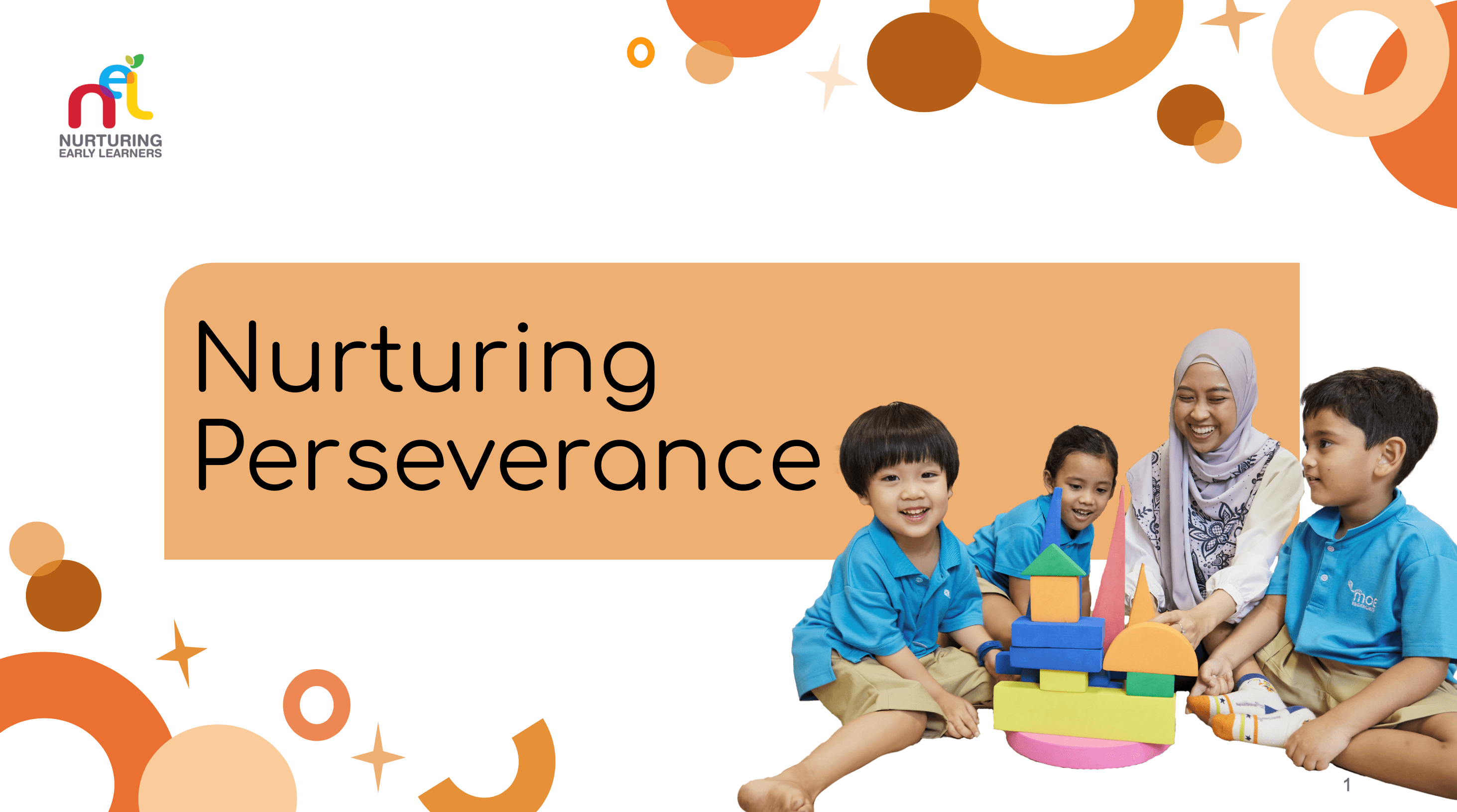 children playing with foam blocks with their teacher with the wordsNurturing Perseverance 